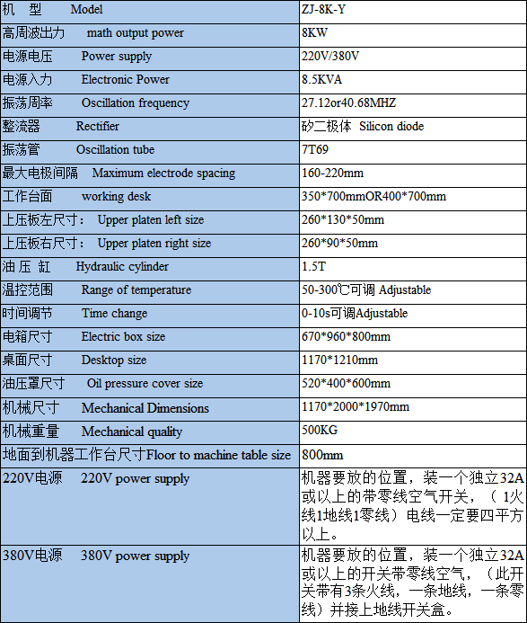 油壓式高周波機技術參數